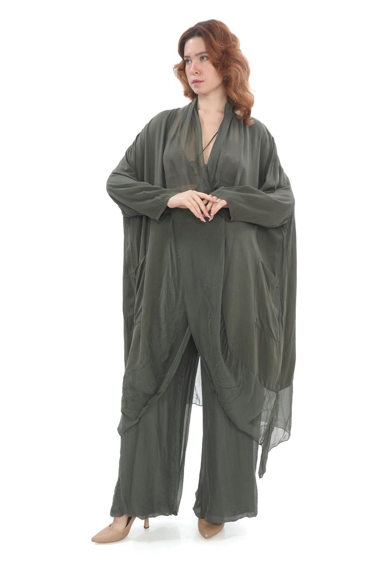 Oversize Italian Silk Detail Tunic and Pants Set - Khaki - EREN STYLE