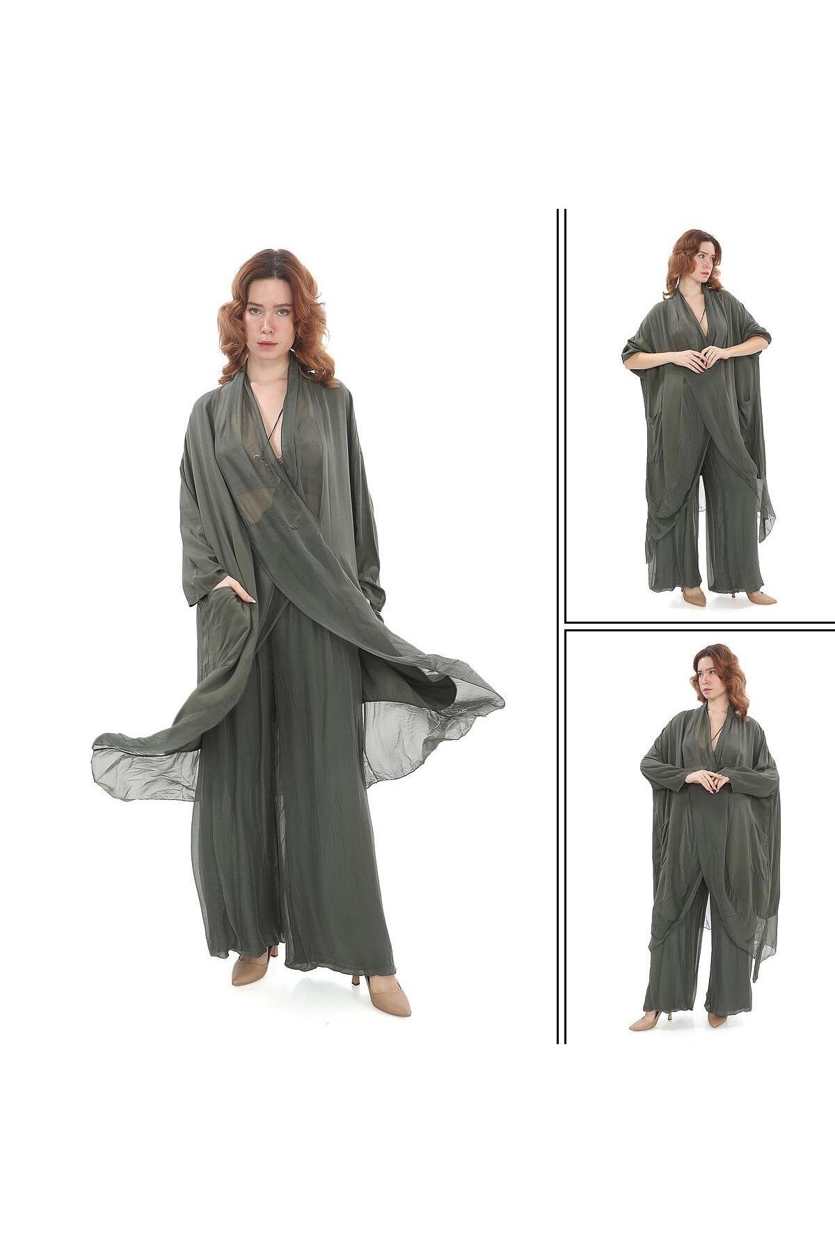 Oversize Italian Silk Detail Tunic and Pants Set - Khaki - EREN STYLE