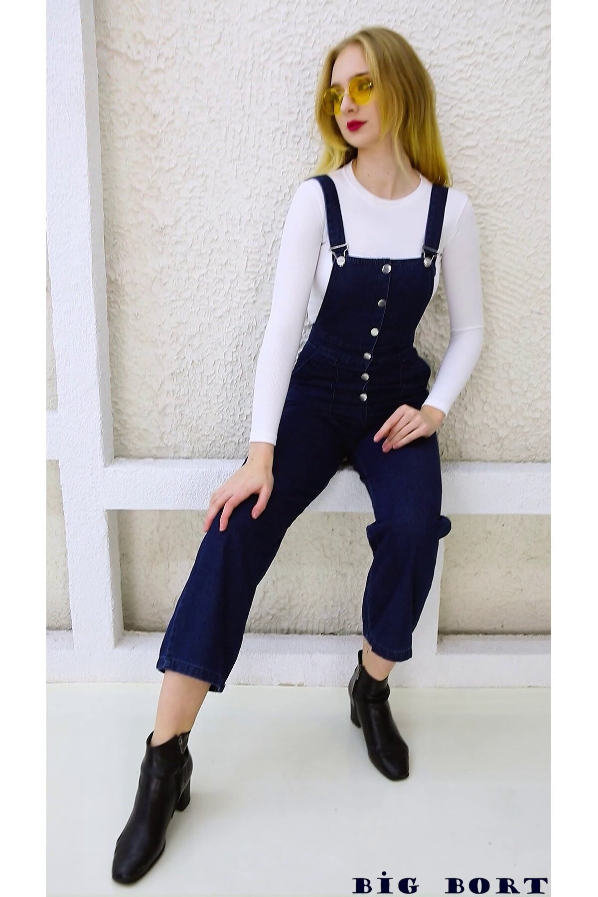 Overall Style Enzyme Wash Denim Front-Button Jumpsuit - Navy Blue - EREN STYLE