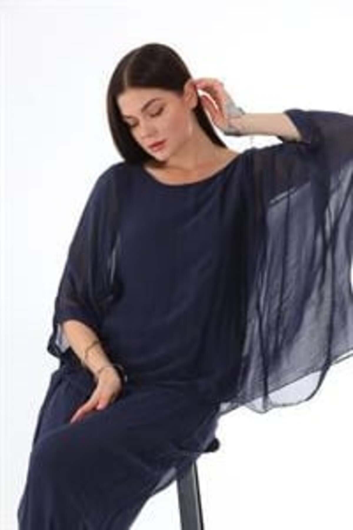 Italian Silk Batwing Sleeve Blouse - Navy - EREN STYLE