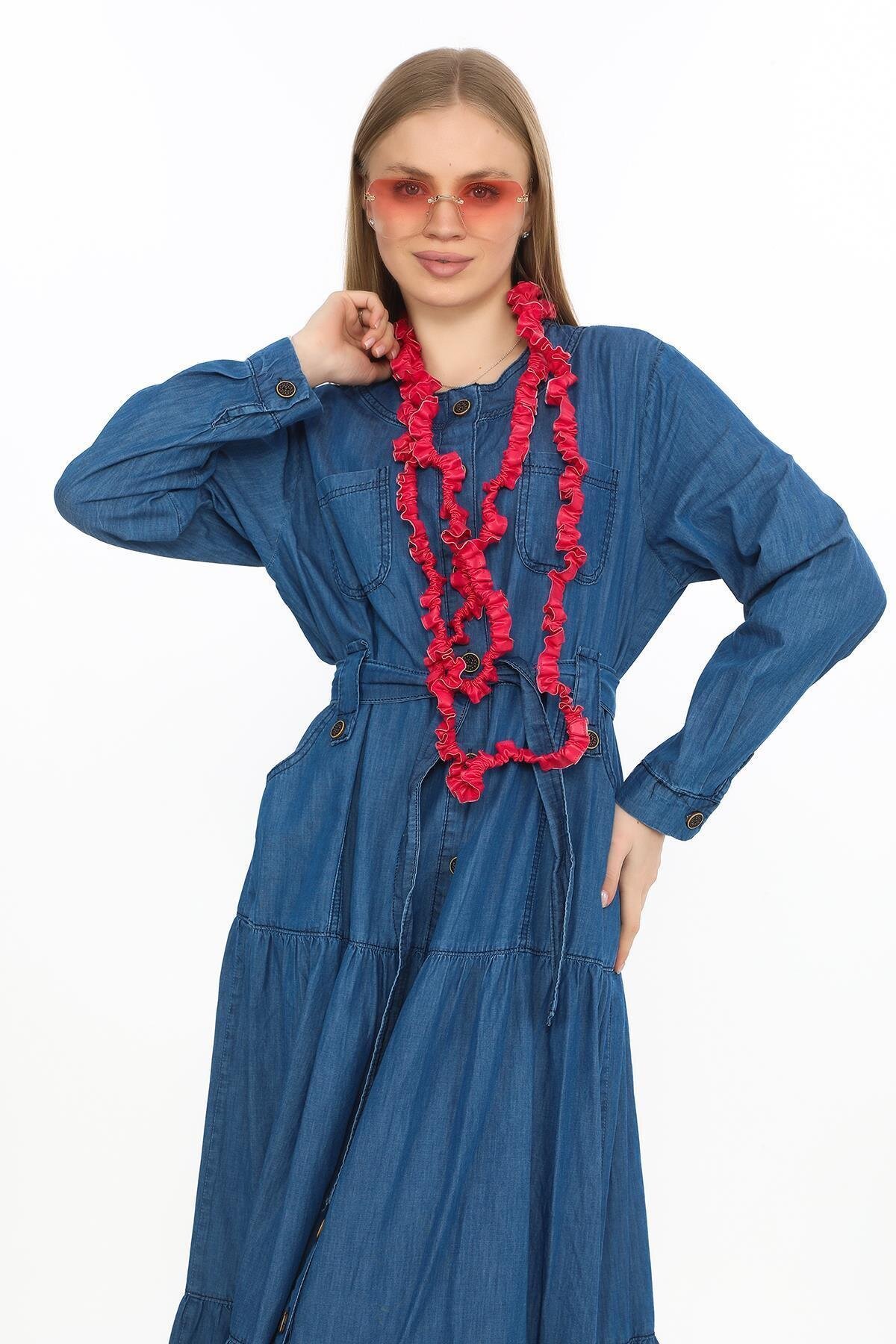 فستان محتشم أزرق طويل بأكمام طويلة وأزرار وجيوب وحزام - EREN STYLE