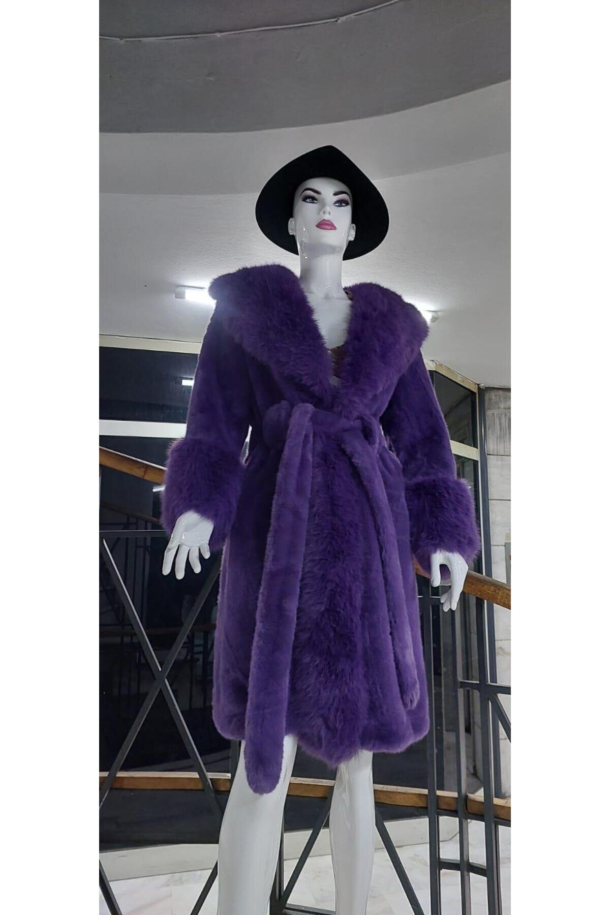 Mor Kürklü Kemerli Nubuk Kaban - EREN STYLE