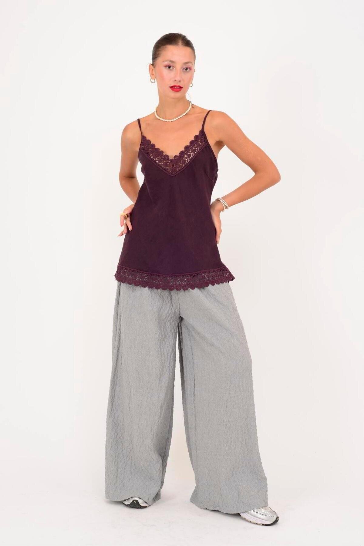 Strappy Linen Lace-Detail Blouse - Plum - EREN STYLE