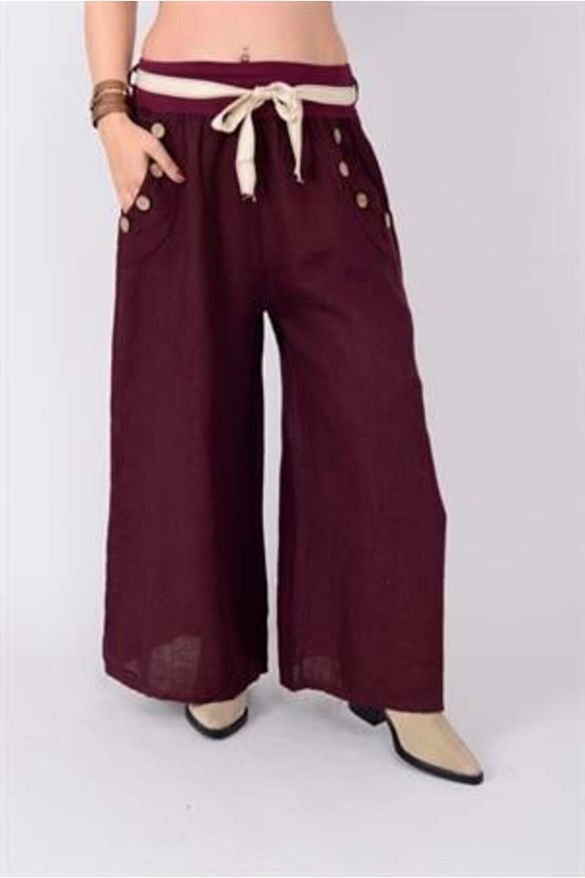 Wide Leg Linen Corset-Detail Pants - Plum - EREN STYLE