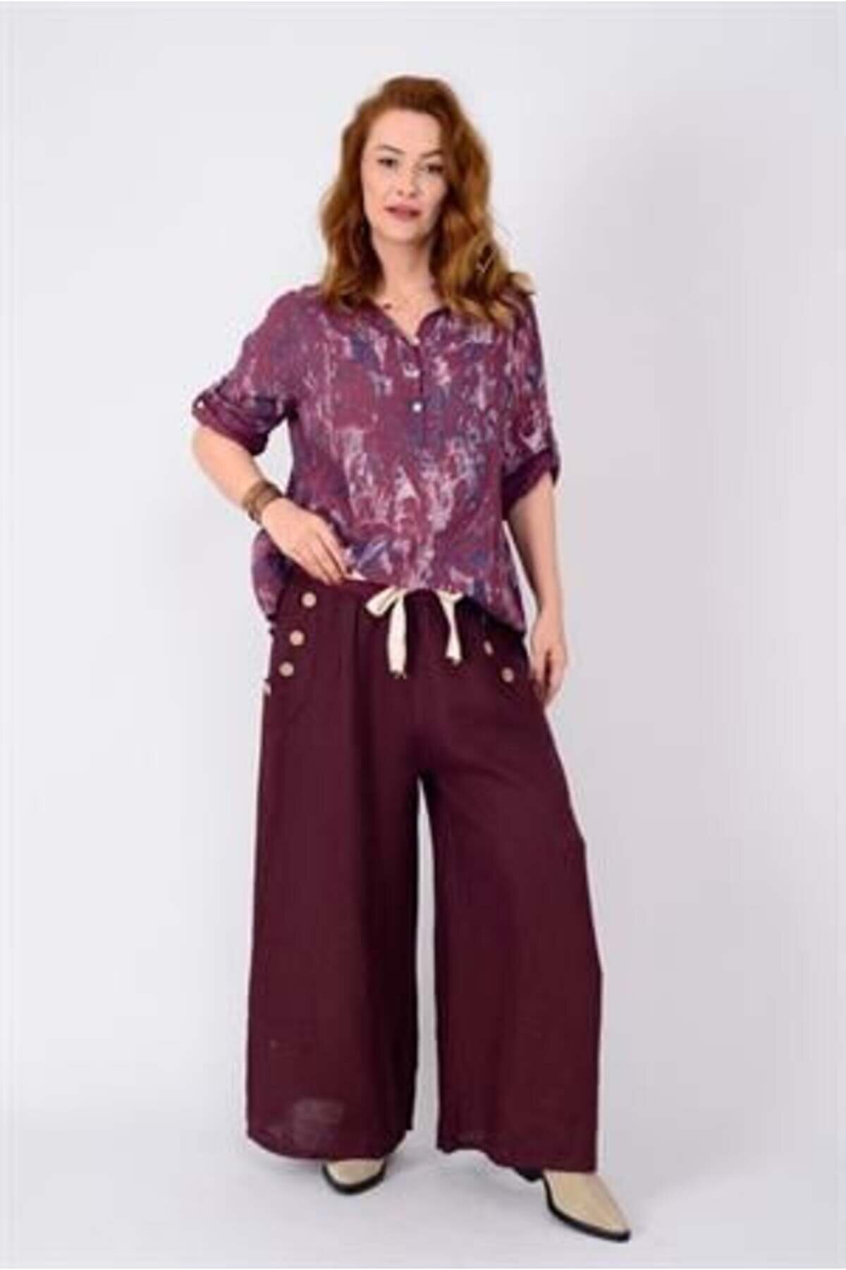 Wide Leg Linen Corset-Detail Pants - Plum - EREN STYLE