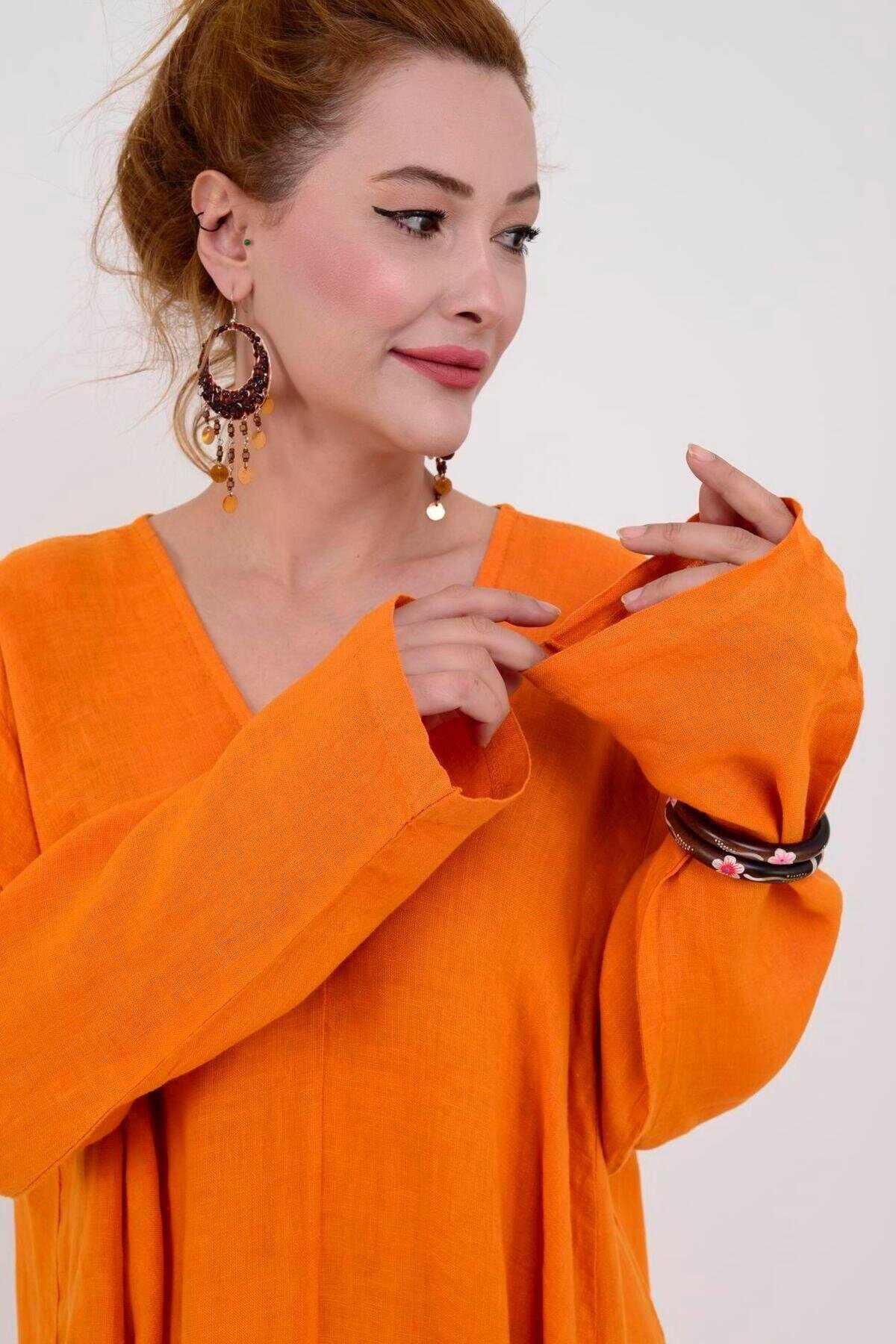Italian Long Sleeve Linen V-Neck Dress - Orange - EREN STYLE