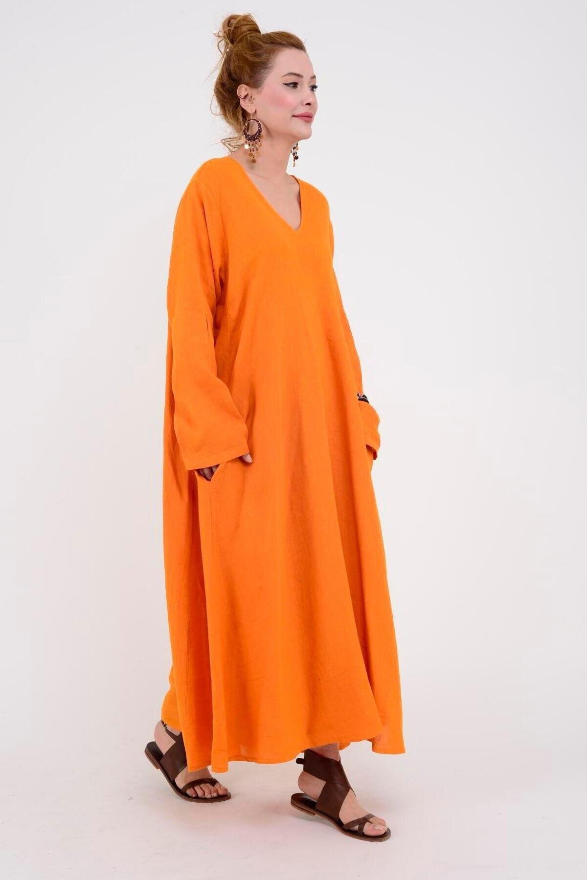 Italian Long Sleeve Linen V-Neck Dress - Orange - EREN STYLE