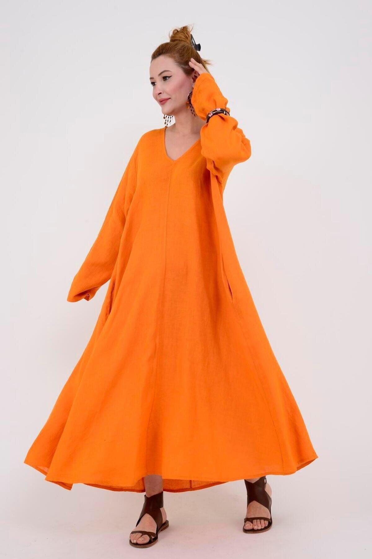 Italian Long Sleeve Linen V-Neck Dress - Orange - EREN STYLE