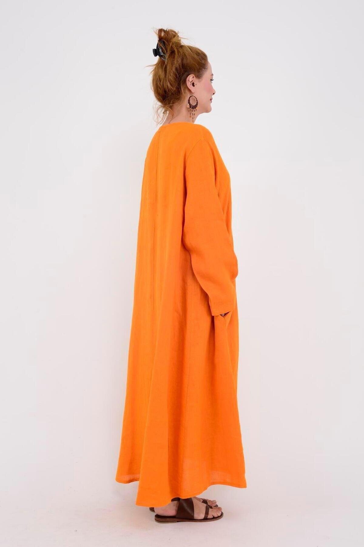 Italian Long Sleeve Linen V-Neck Dress - Orange - EREN STYLE