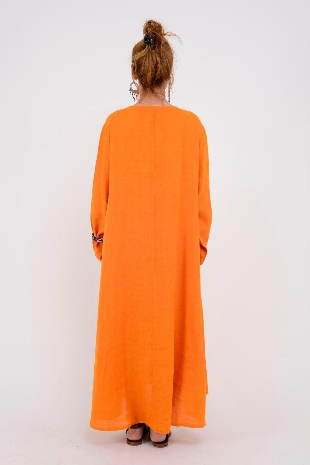 Italian Long Sleeve Linen V-Neck Dress - Orange - EREN STYLE
