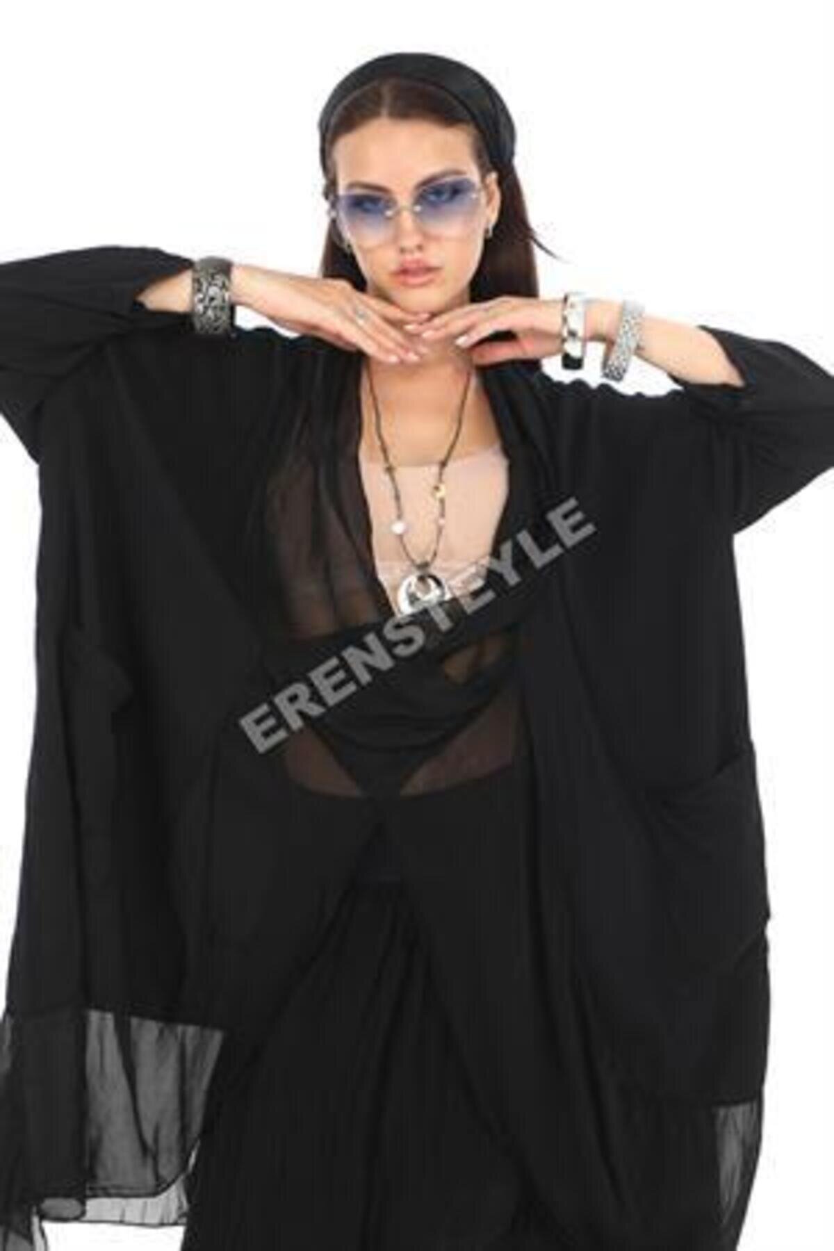 بلوزة أوفر سايز مقاس كبير أسود بتفاصيل حرير إيطالي - EREN STYLE