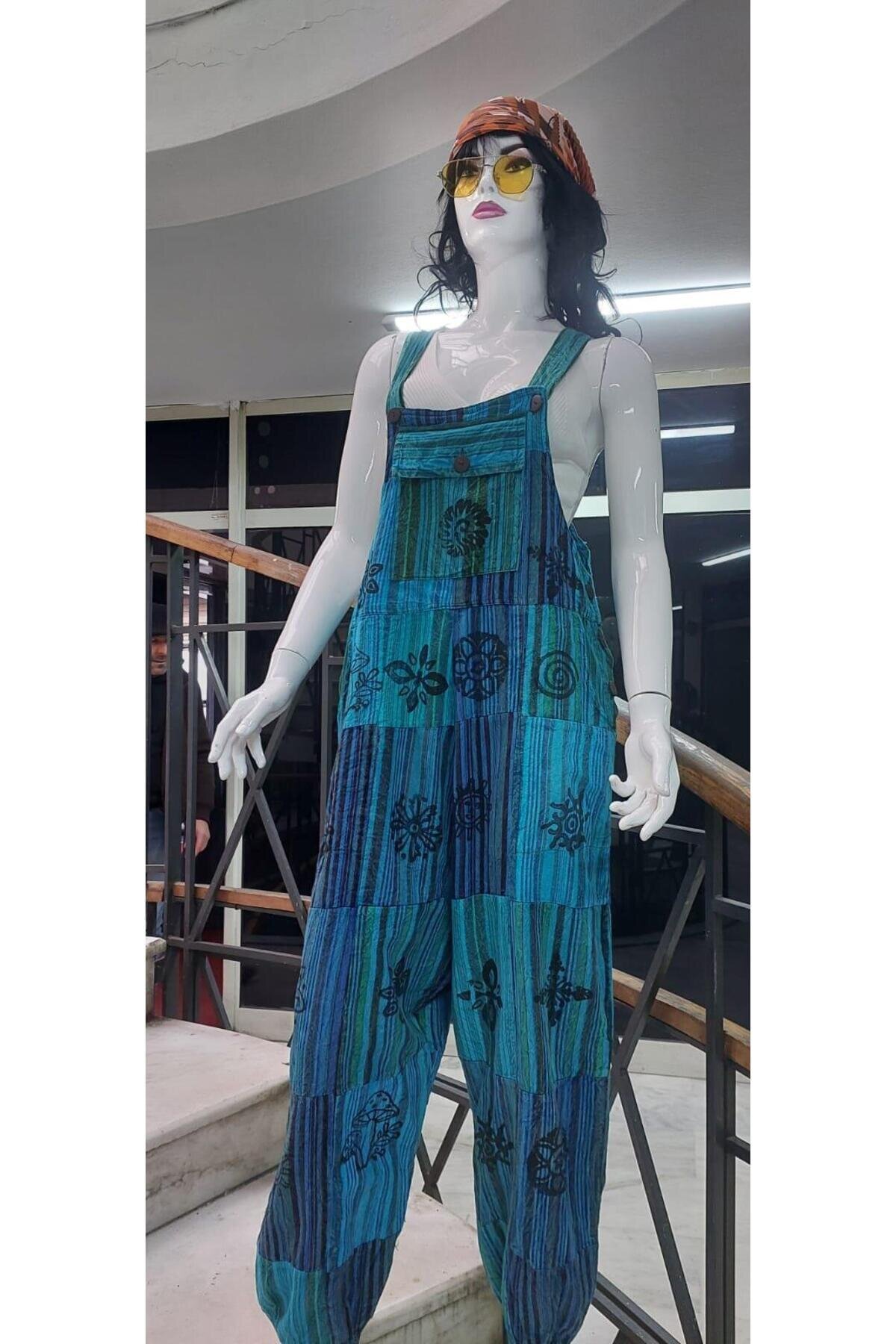 Stonewashed Indian Authentic Shalwar Jumpsuit - Turquoise - EREN STYLE