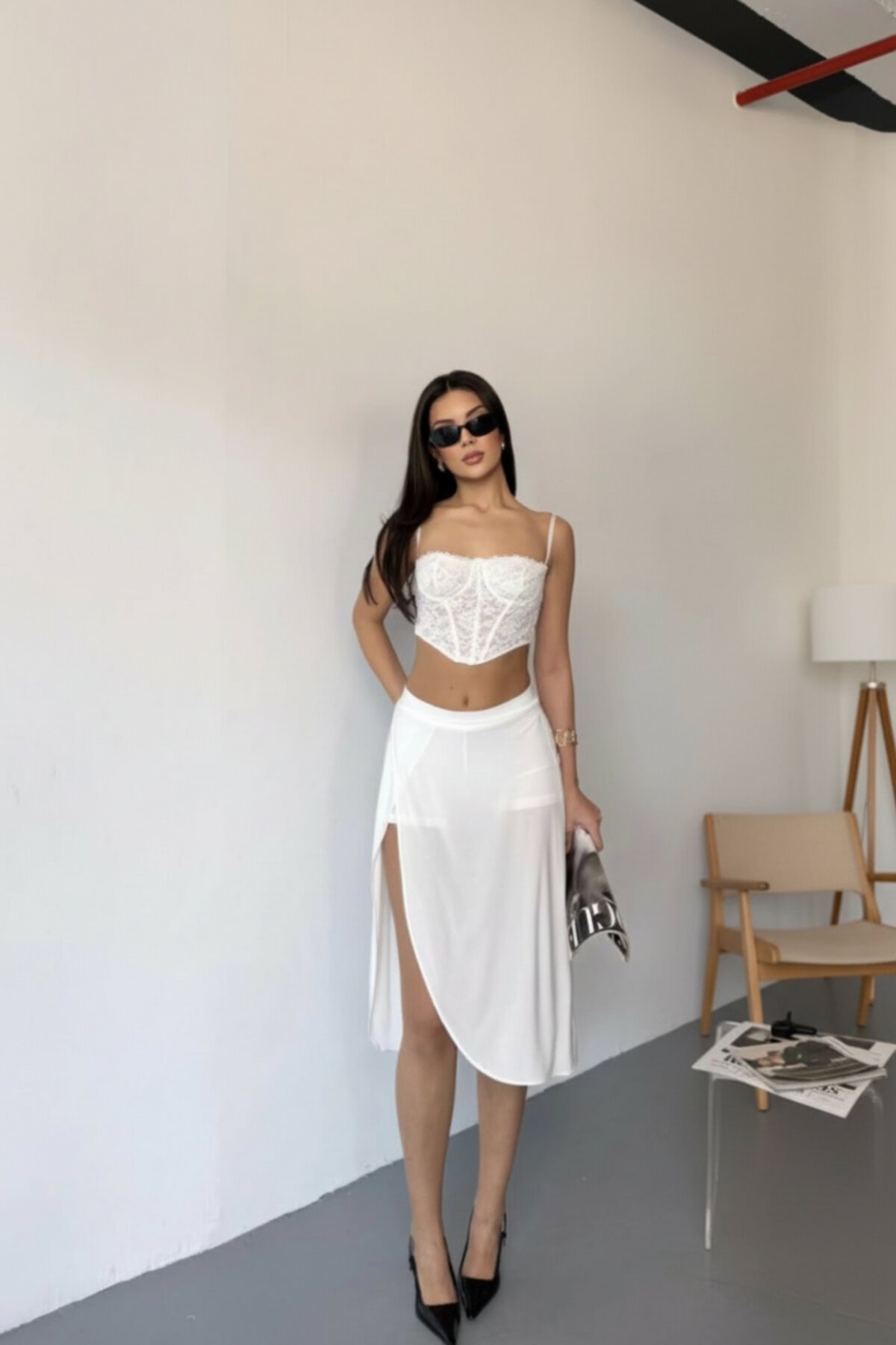 Slit Skirt with Inner Shorts and Pockets - White - Genel Markalar