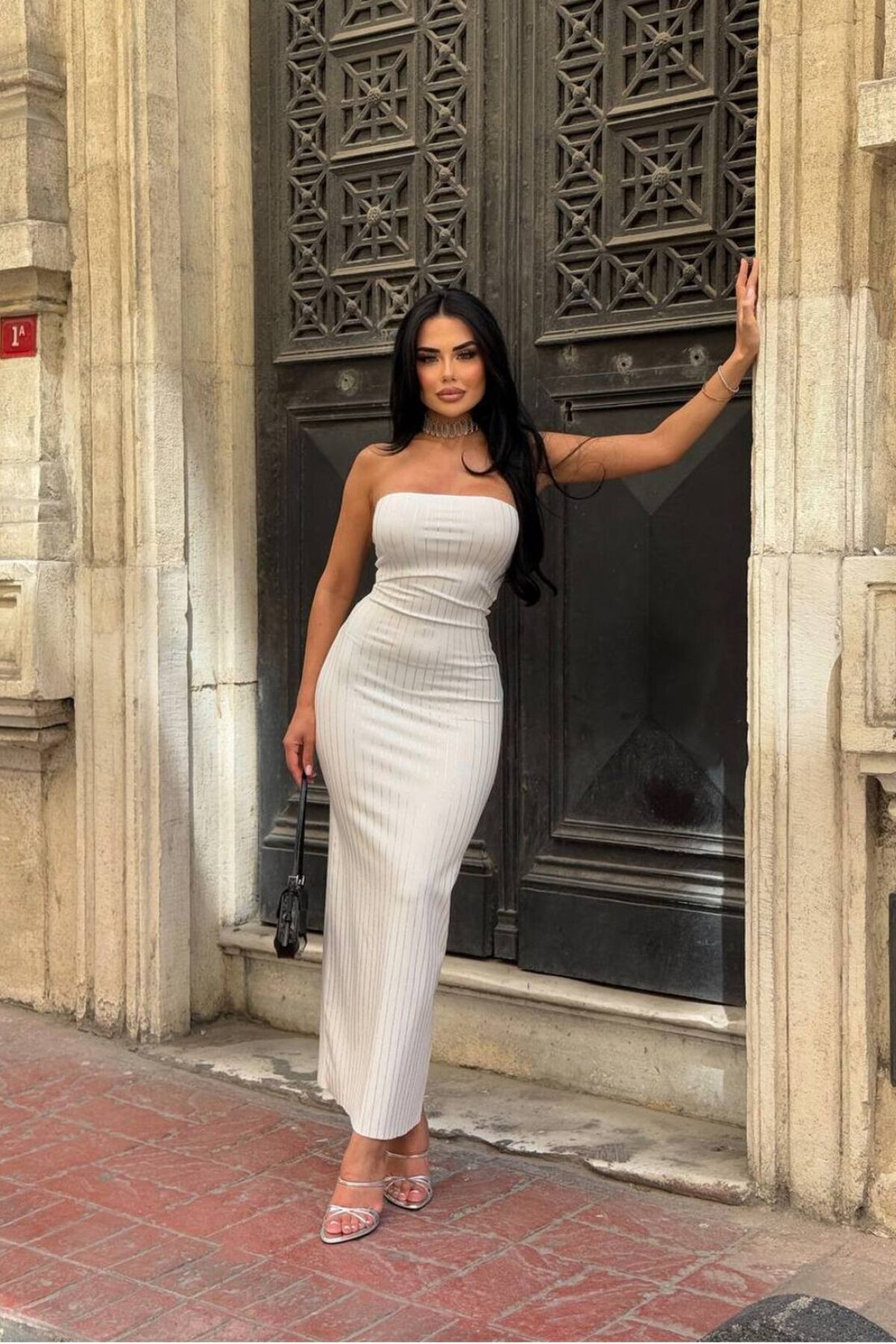 Long Strapless Zirconium Stone Embellished Dress - White - Genel Markalar