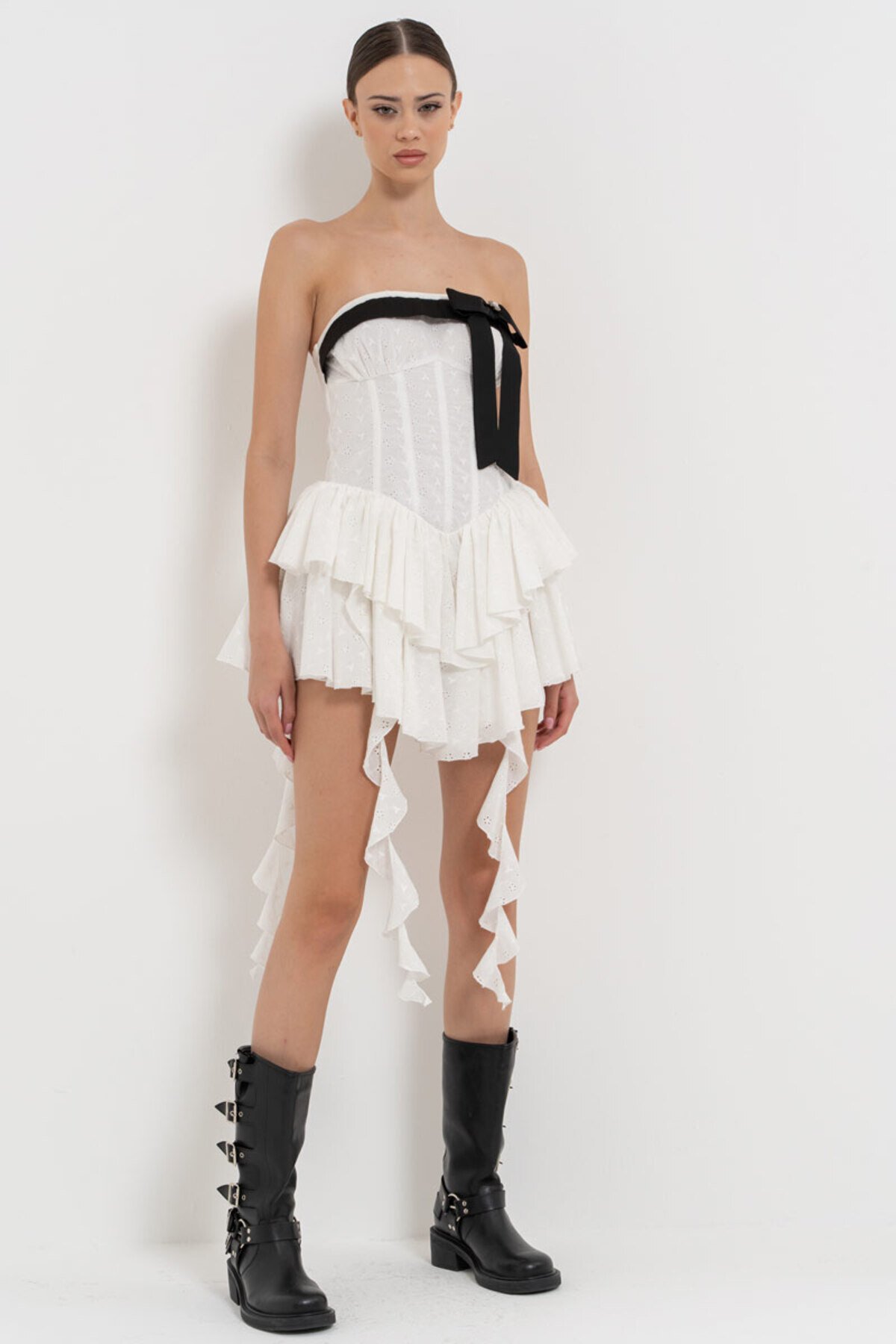 Mini Strapless Ruffle Detail Dress - Off White - Kikiriki