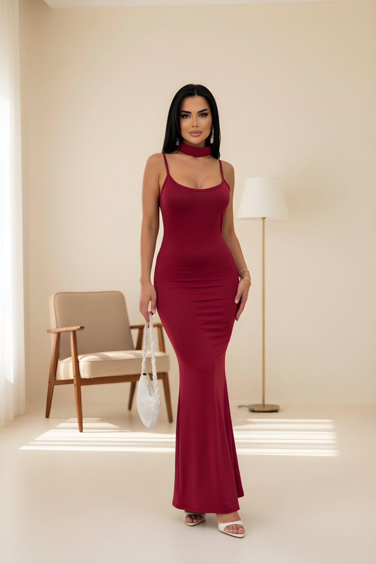 Long Mermaid Bandana-Detail Evening Dress - Burgundy - Limited Black