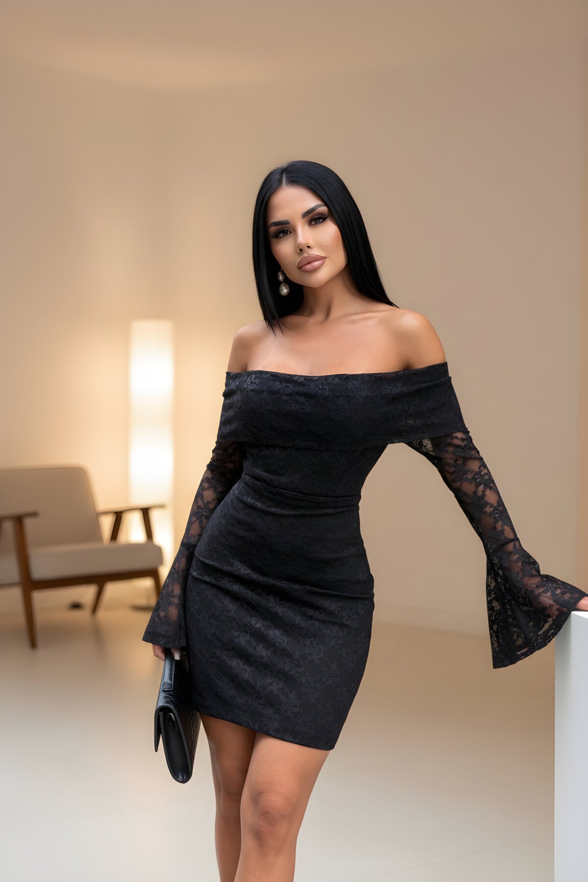 Mini Lace Madonna Neck Evening Dress - Black - Limited Black