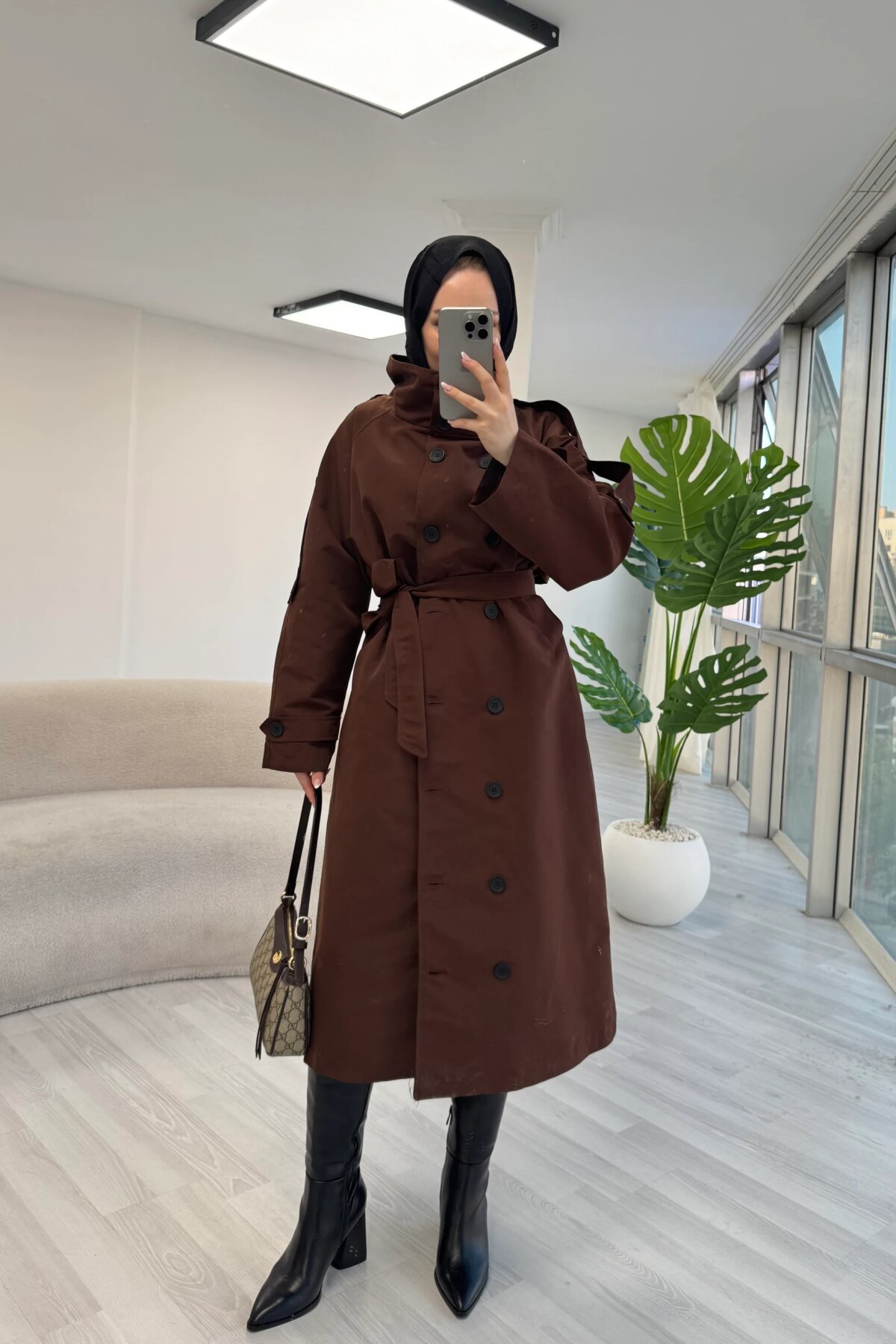 Stand-Collar Belted Trench Coat - Dark Brown - Luvita Co