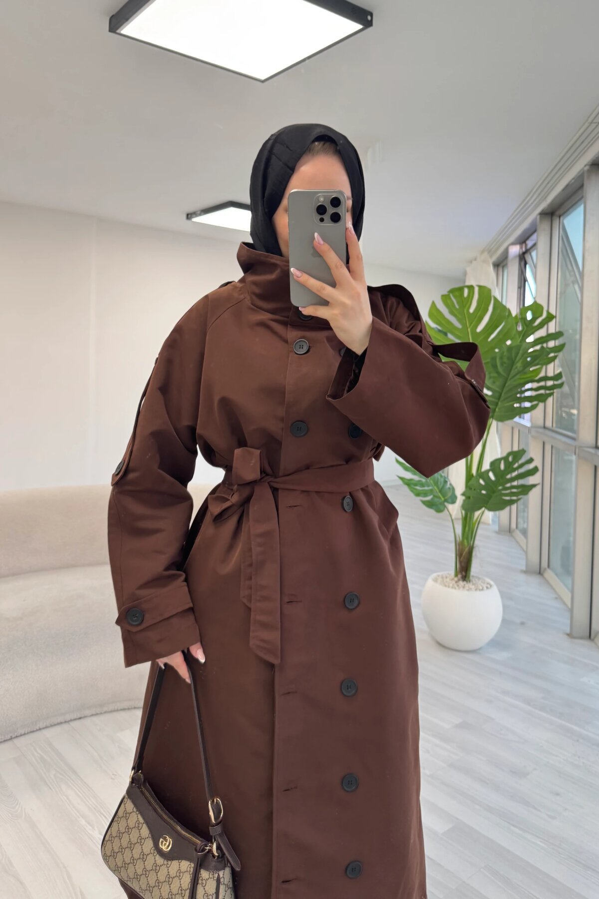 Stand-Collar Belted Trench Coat - Dark Brown - Luvita Co