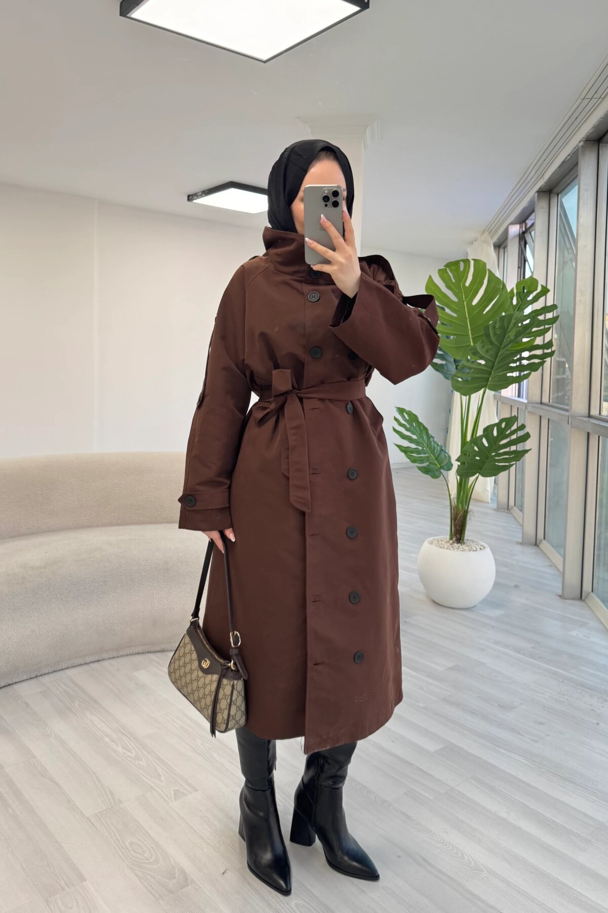 Stand-Collar Belted Trench Coat - Dark Brown - Luvita Co