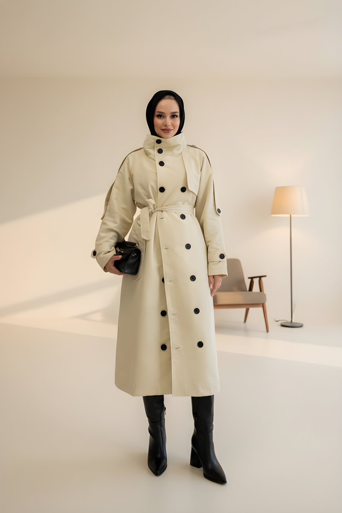 Stand-Collar Belt-Detail Designer Trench Coat - Beige - Luvita Co