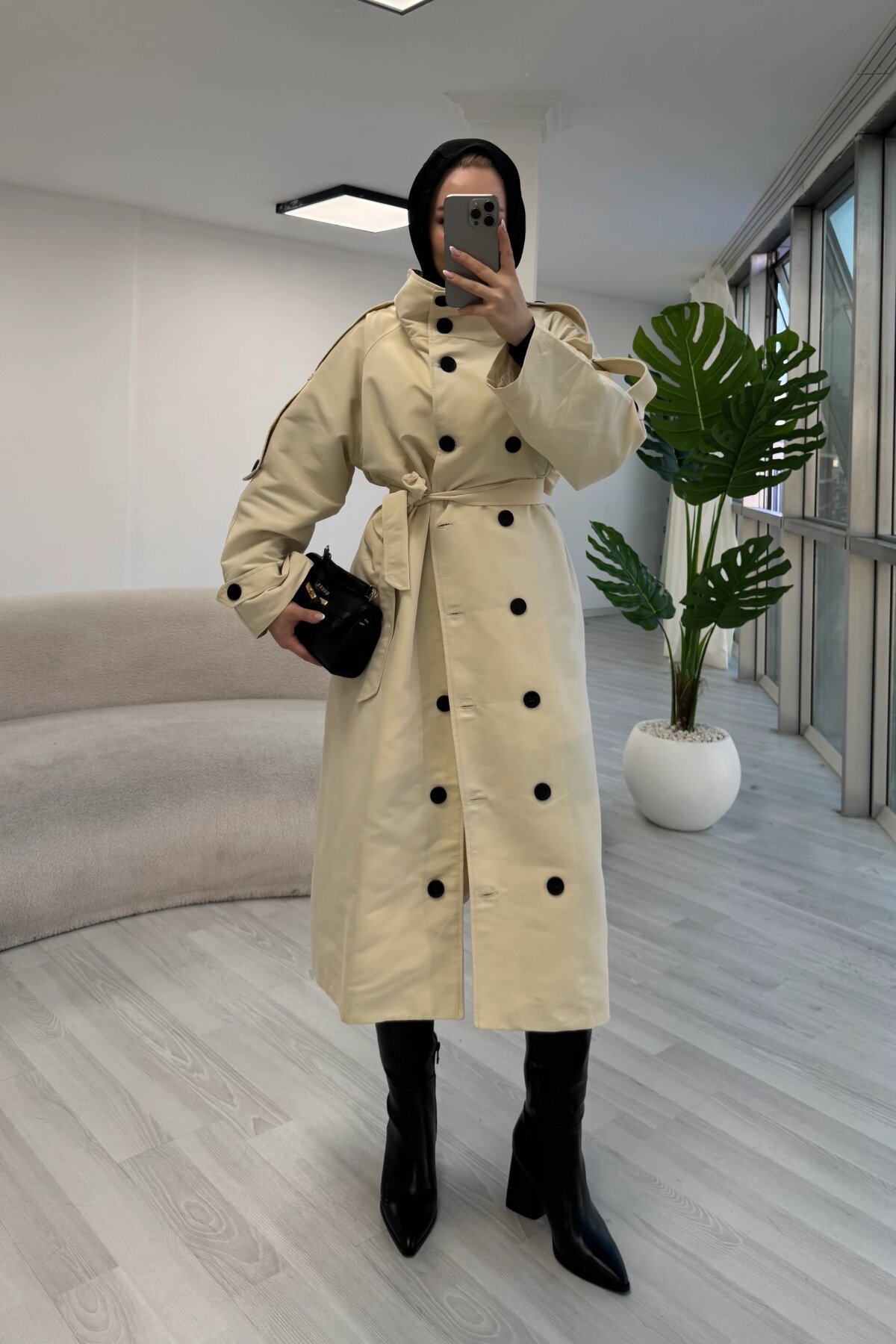 Stand-Collar Belt-Detail Designer Trench Coat - Beige - Luvita Co