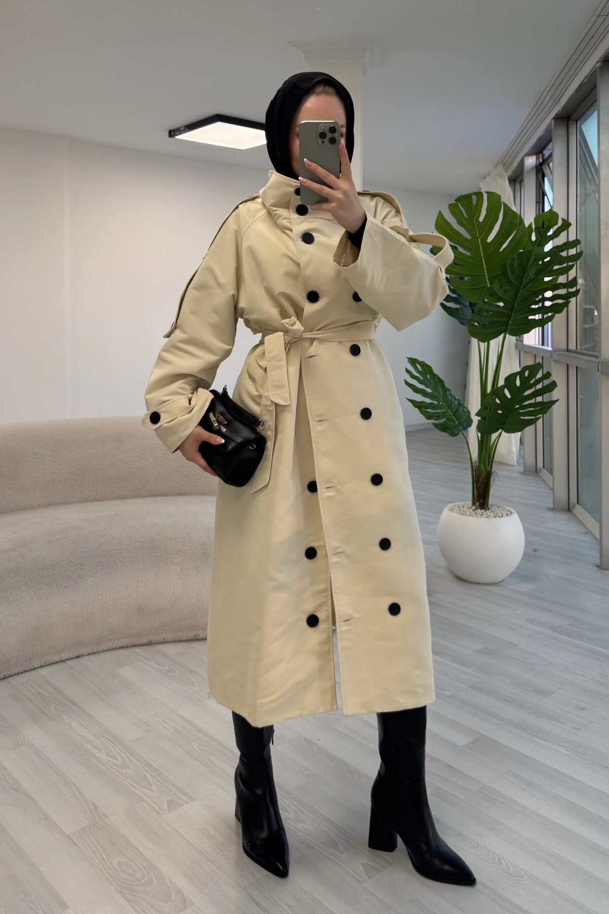 Stand-Collar Belt-Detail Designer Trench Coat - Beige - Luvita Co