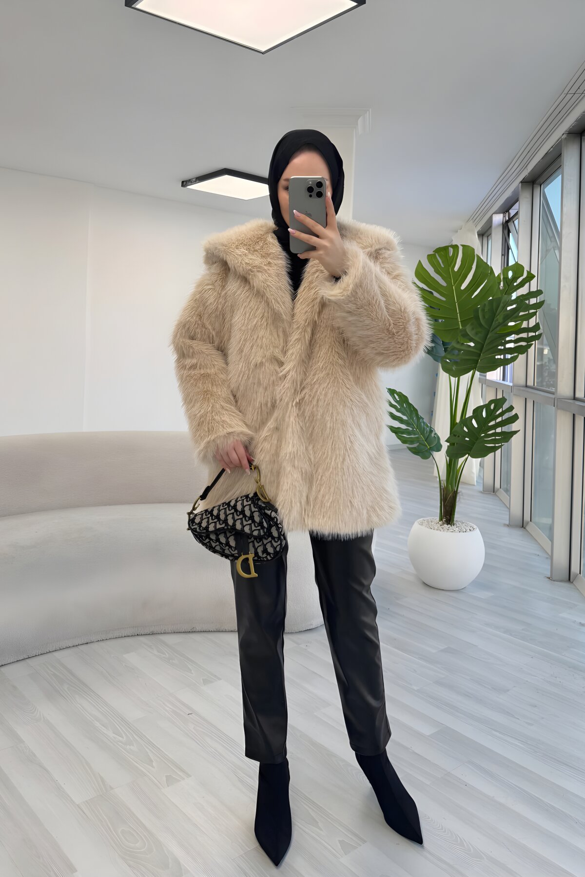 Structured Collar Detail Fur Coat - Beige - Luvita Co