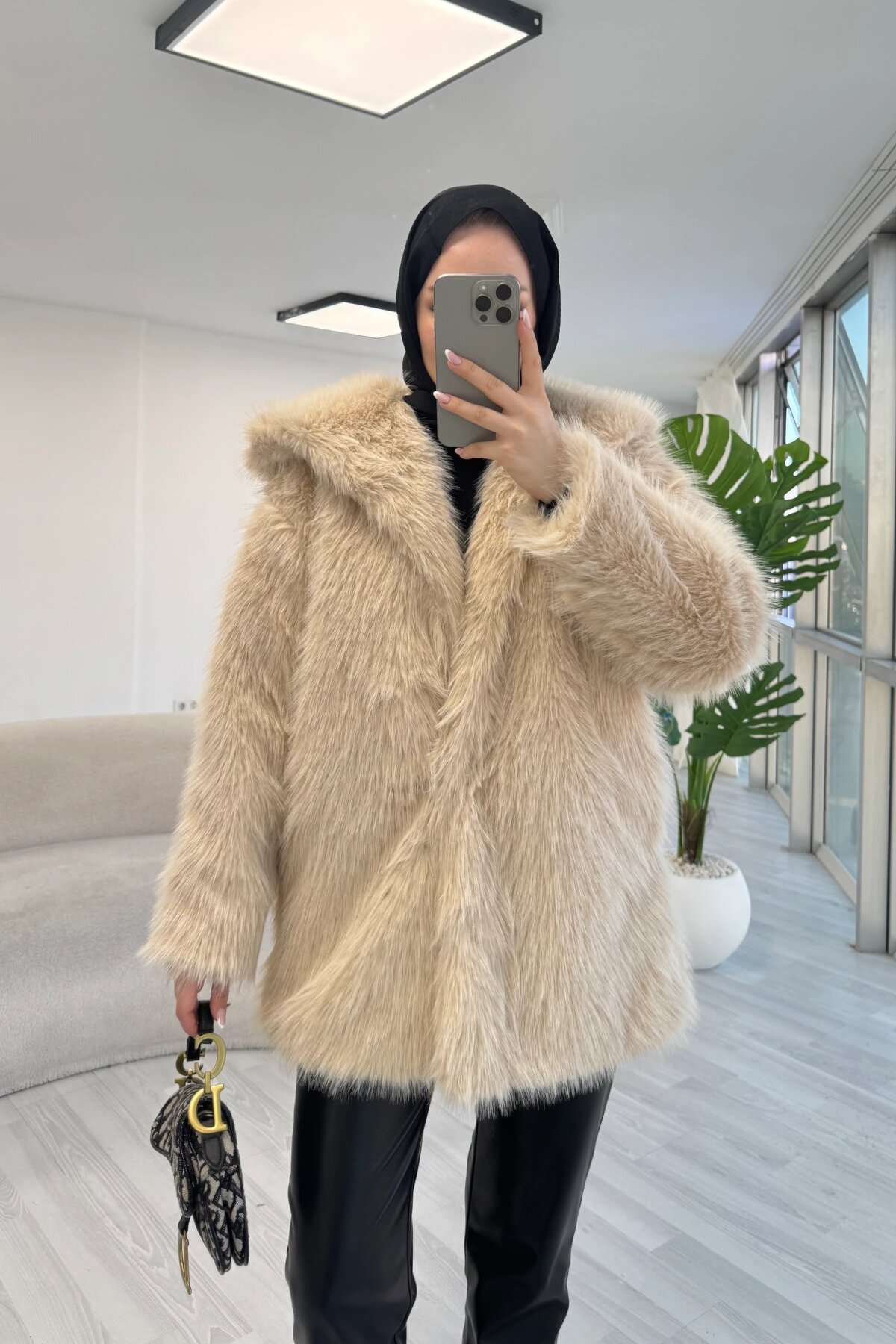 Structured Collar Detail Fur Coat - Beige - Luvita Co