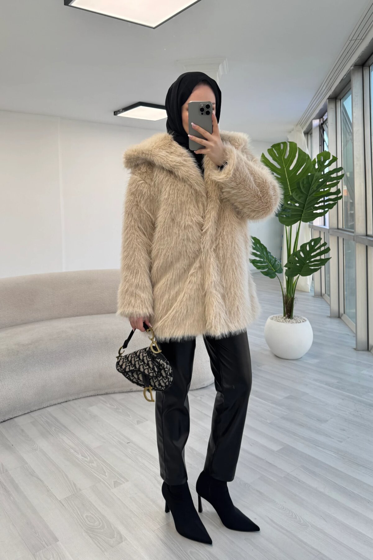 Structured Collar Detail Fur Coat - Beige - Luvita Co