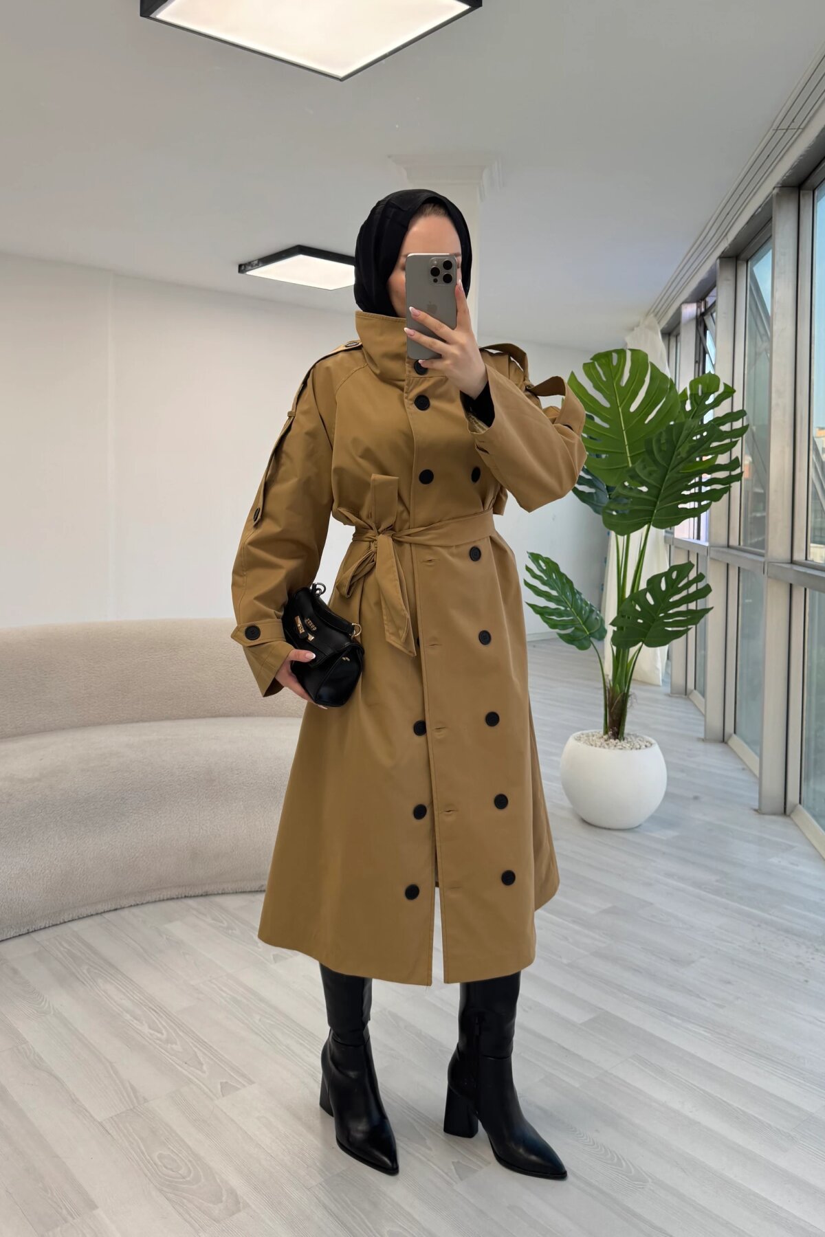 Stand-Collar Belt-Detail Trench Coat - Camel - Luvita Co