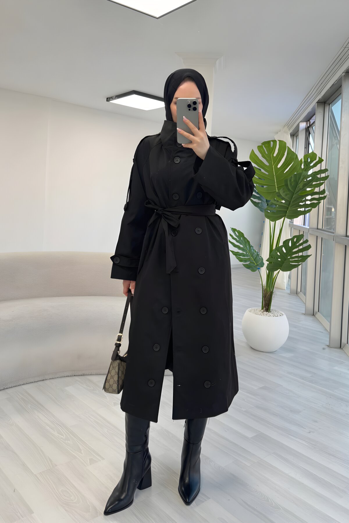 Designer Stand Collar Belt-Detail Trench Coat - Black - Luvita Co