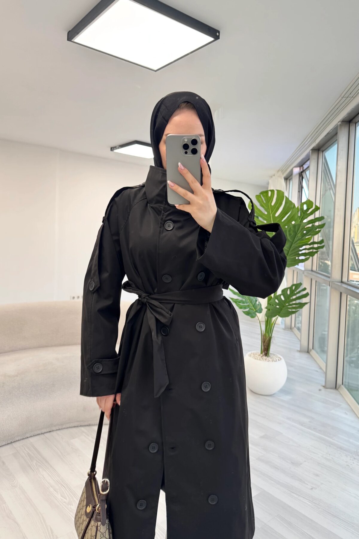 Designer Stand Collar Belt-Detail Trench Coat - Black - Luvita Co