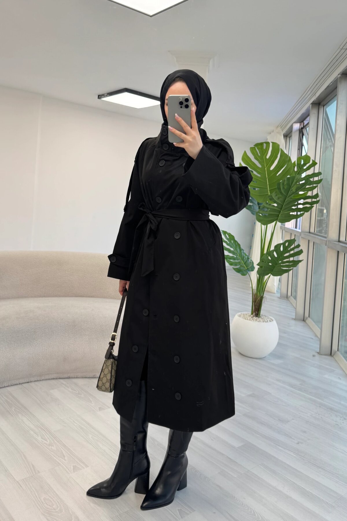 Designer Stand Collar Belt-Detail Trench Coat - Black - Luvita Co