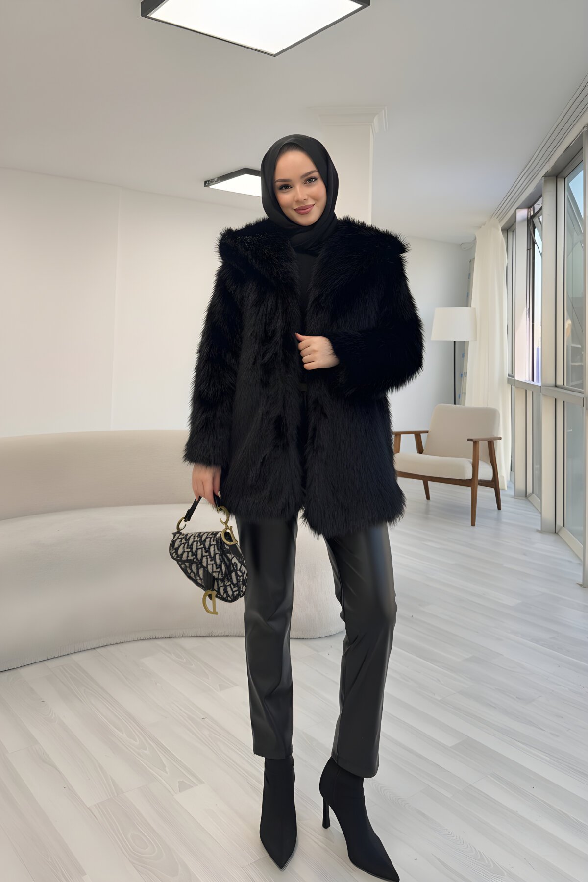 Statement Collar Detail Fur Winter Coat - Black - Luvita Co