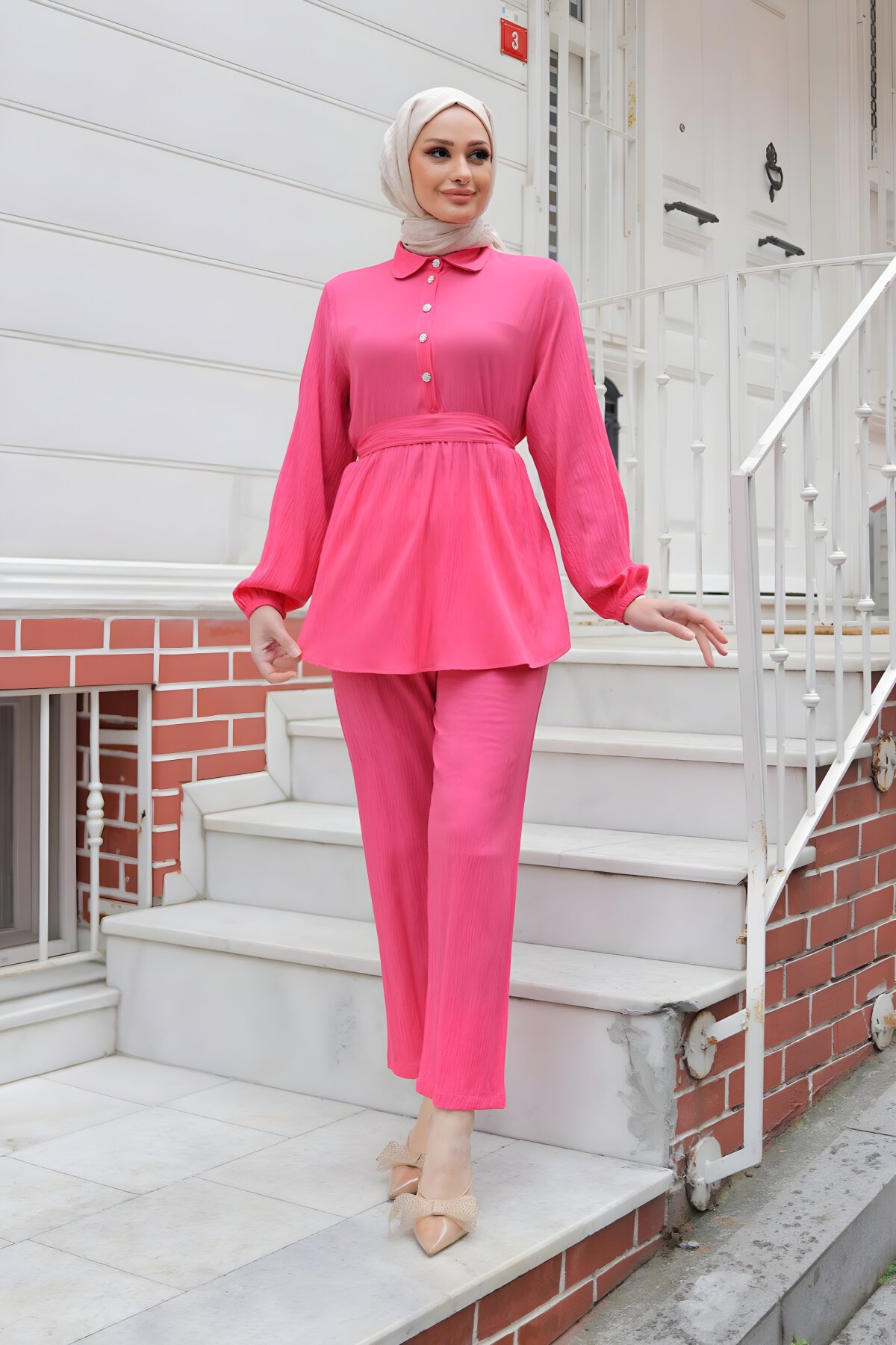 Two-Piece Modest Stone Button Detailed Set - Fuchsia - Misskayle