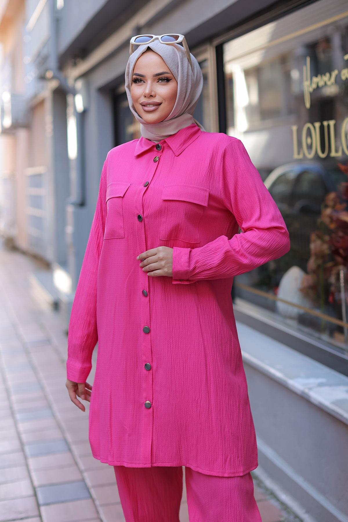 Modest Pocket-Detail Two-Piece Set - Fuchsia - Misskayle