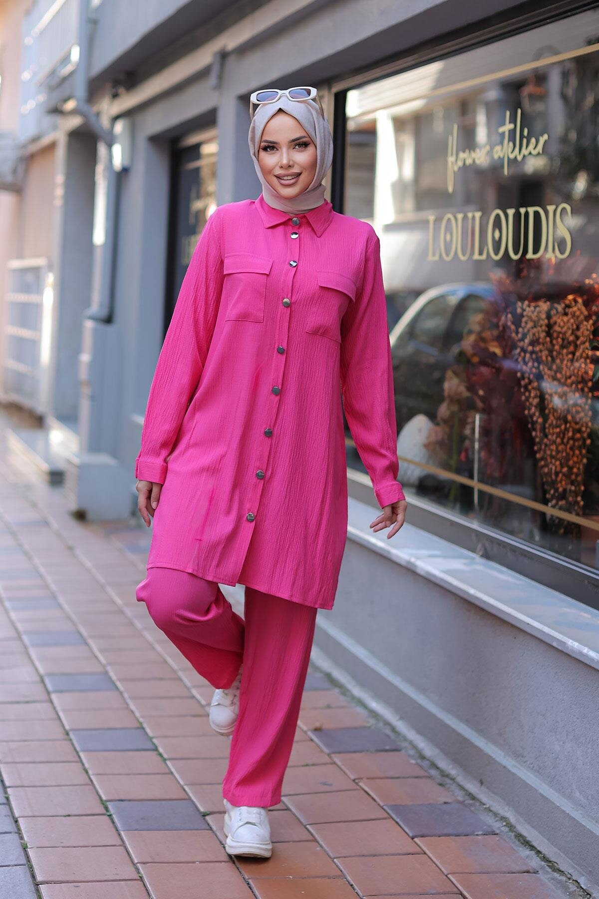 Modest Pocket-Detail Two-Piece Set - Fuchsia - Misskayle