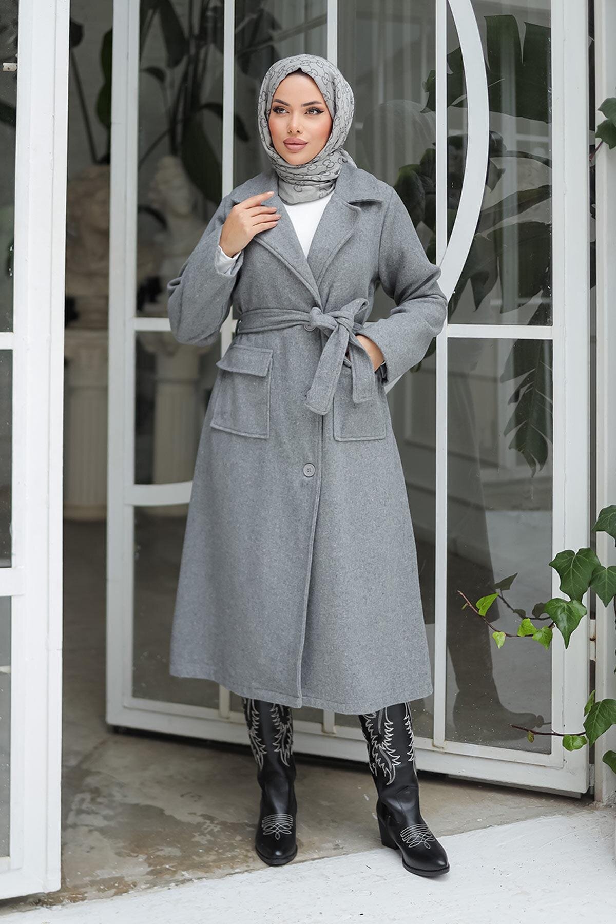 Gri Kaşe Kapak Detaylı Kaban - Misskayle