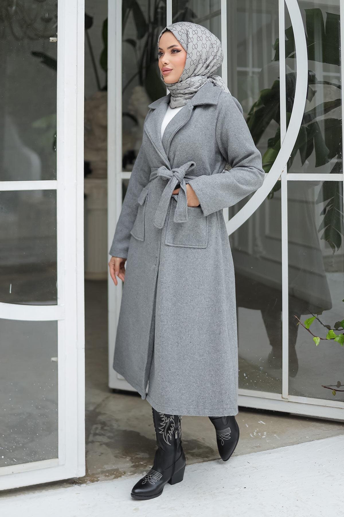 معطف شتوي رمادي كاشمير بتفاصيل غطاء - Misskayle