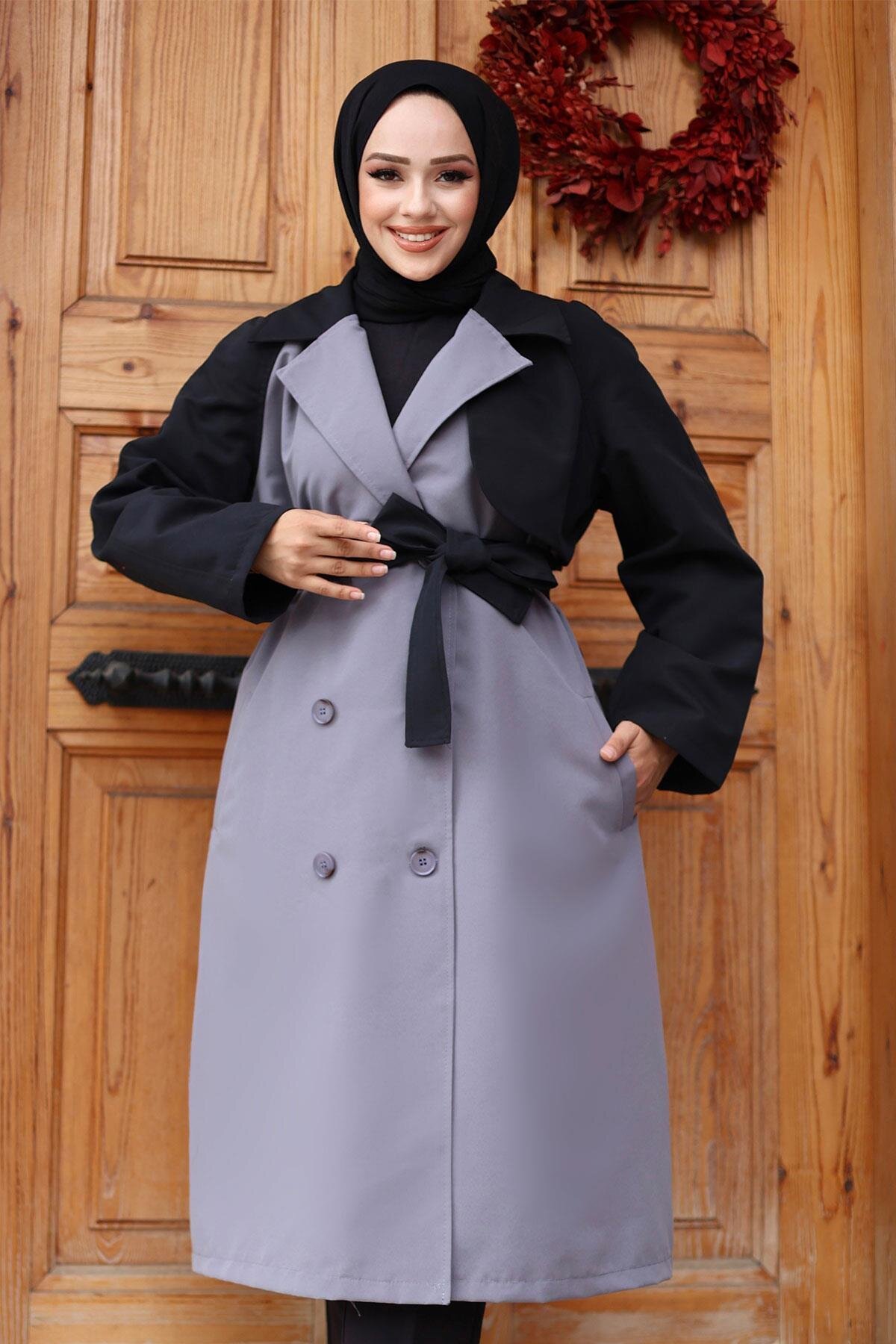Trimmed Sleeve Trench Coat - Grey - Misskayle