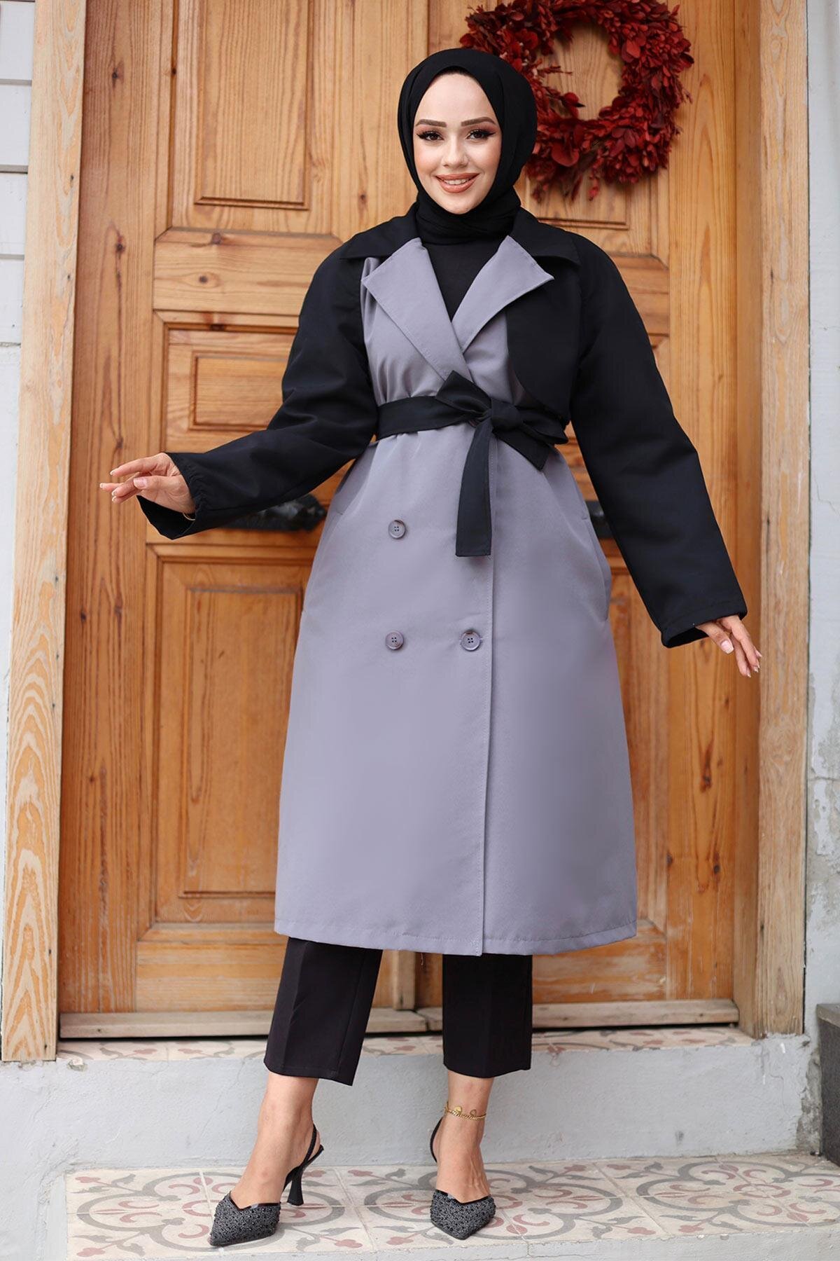 Trimmed Sleeve Trench Coat - Grey - Misskayle