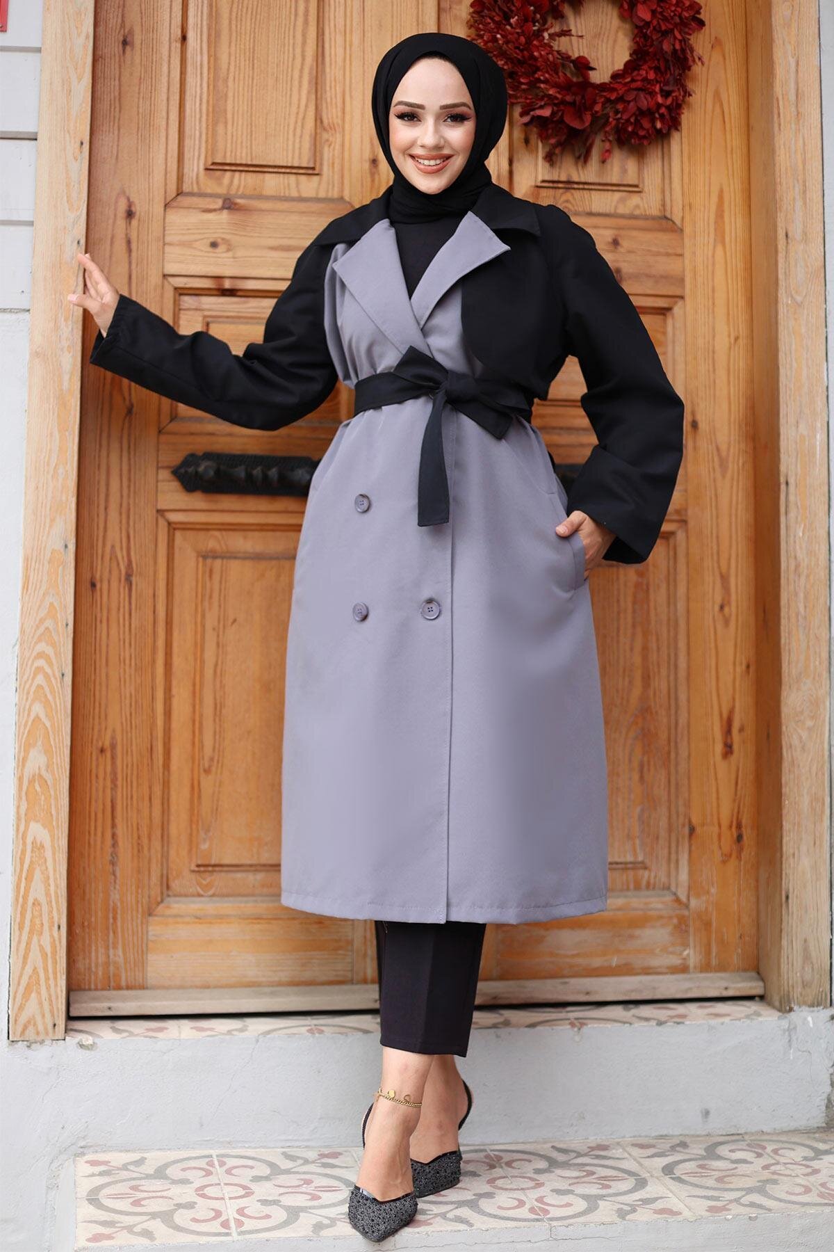 Trimmed Sleeve Trench Coat - Grey - Misskayle