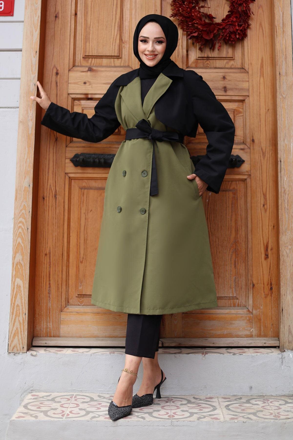 Garni Sleeve Detail Trench Coat - Khaki - Misskayle