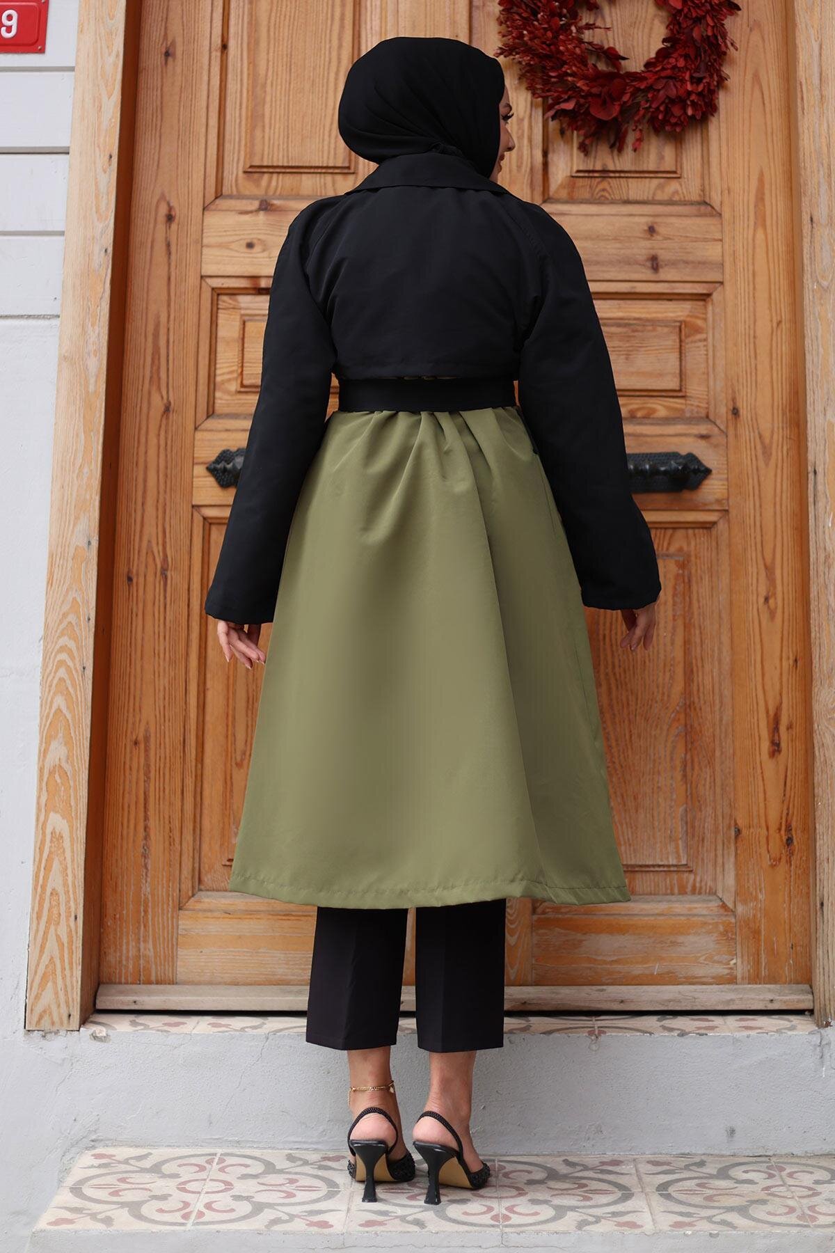 Garni Sleeve Detail Trench Coat - Khaki - Misskayle