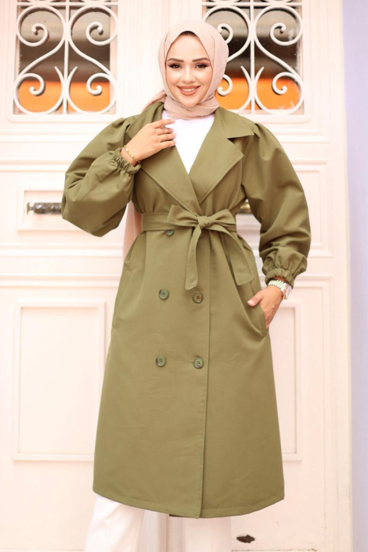 Pleated Shoulder Detail Trench Coat - Khaki - Misskayle