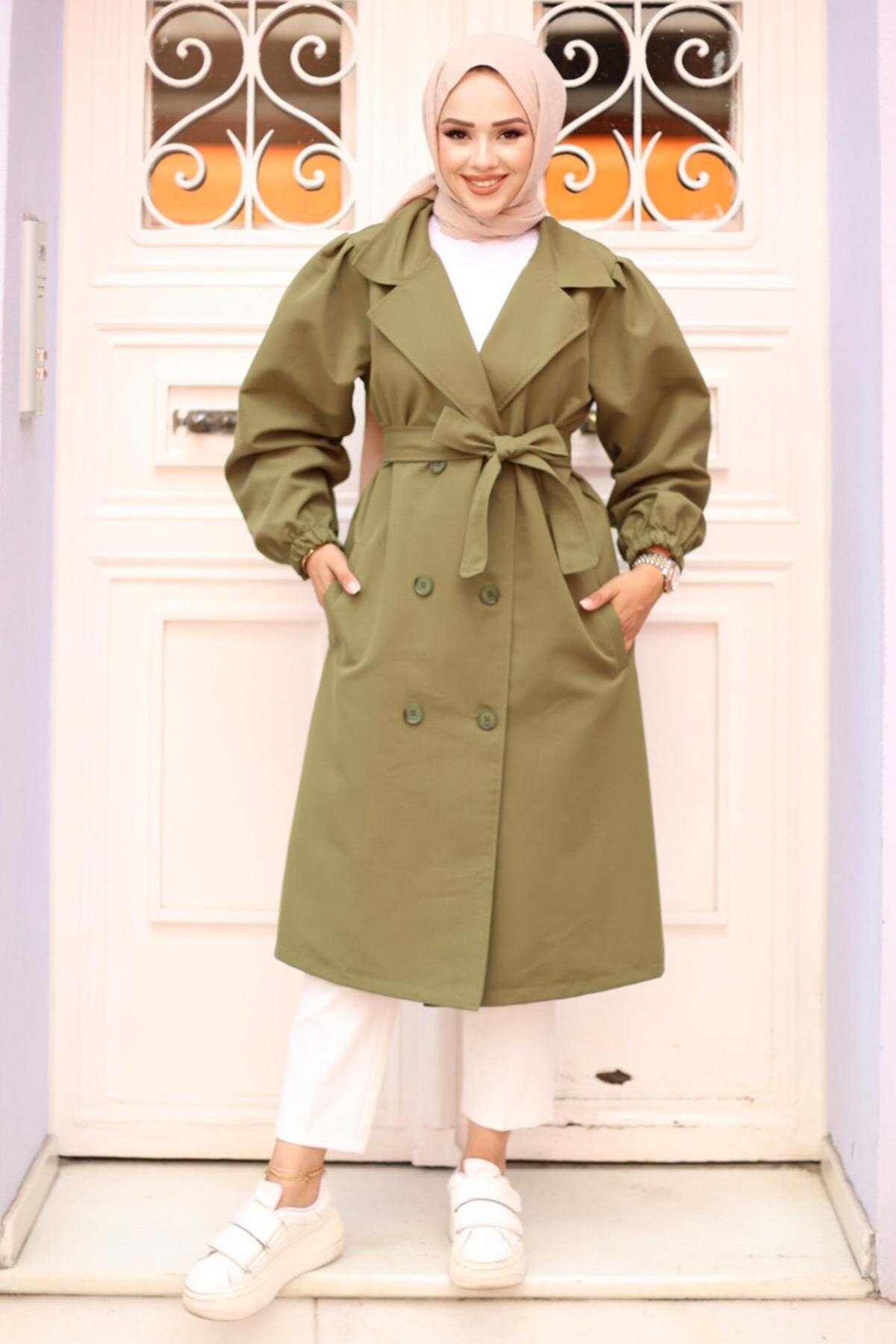 Pleated Shoulder Detail Trench Coat - Khaki - Misskayle
