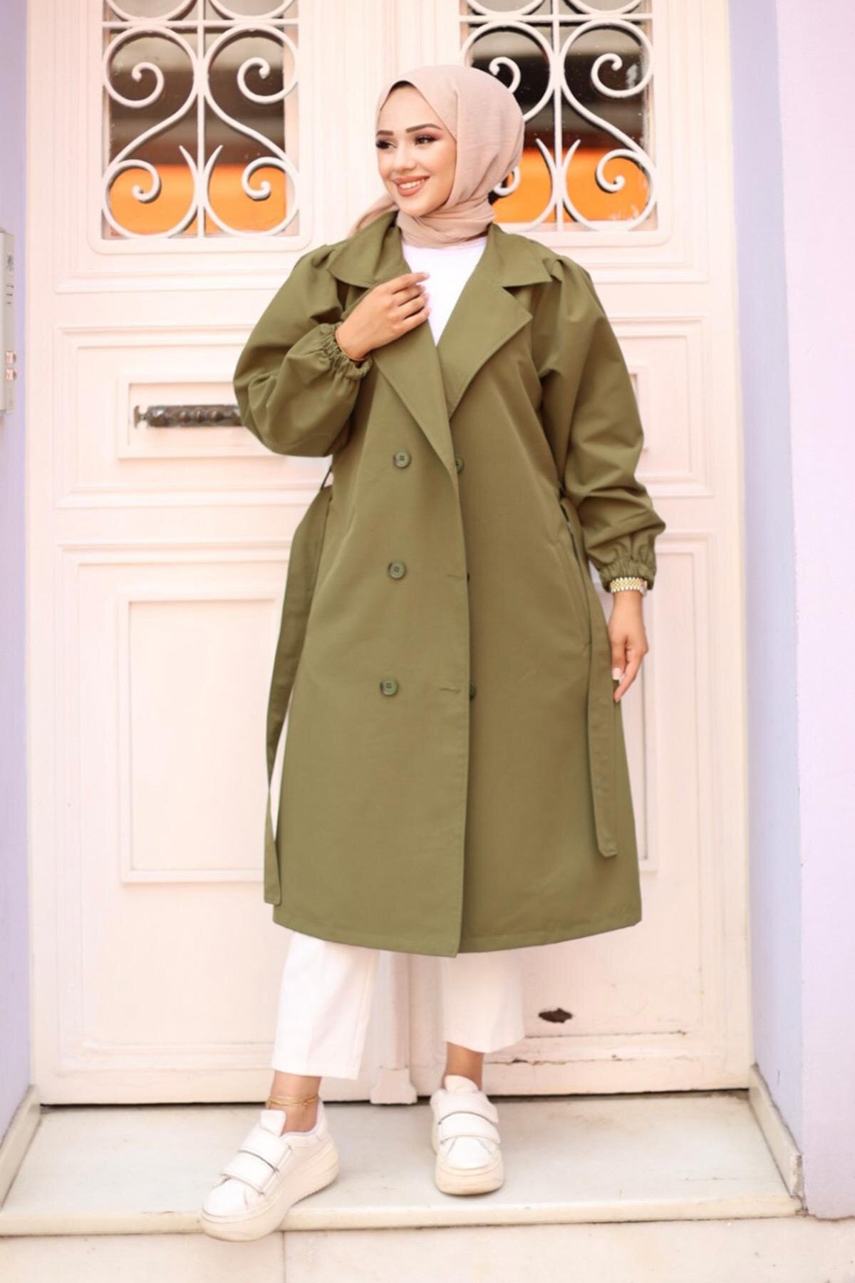Pleated Shoulder Detail Trench Coat - Khaki - Misskayle