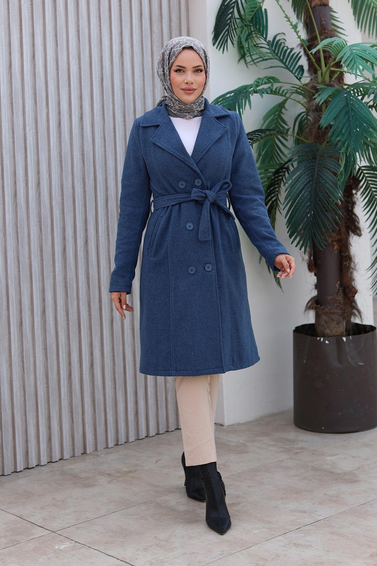 İndigo Düğme Detaylı Kaşe Kaban - Misskayle