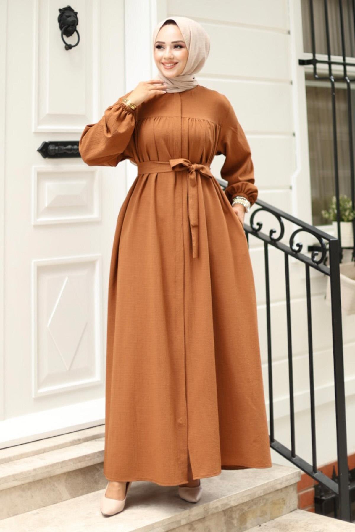 Kahverengi Büzgü Detaylı Ferace - Misskayle